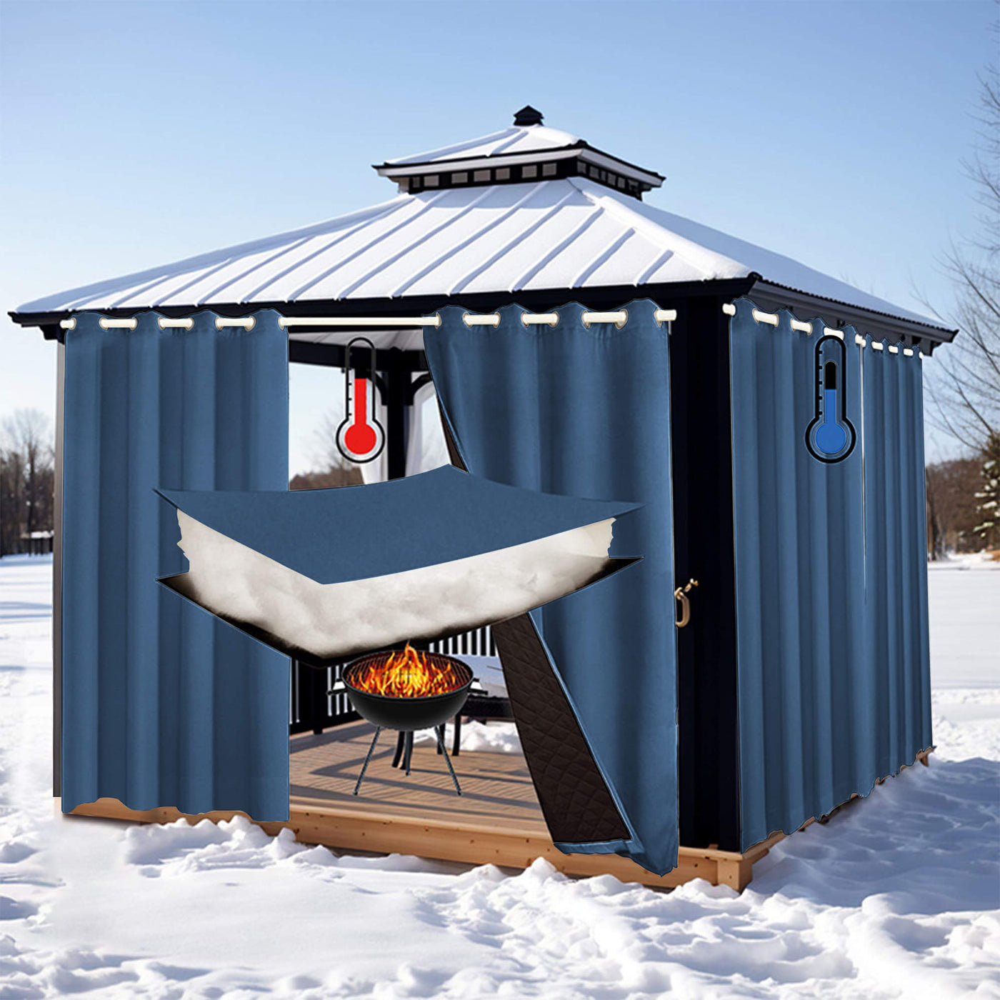 Insulated Outdoor Curtains for Winter - Deep Sea Blue