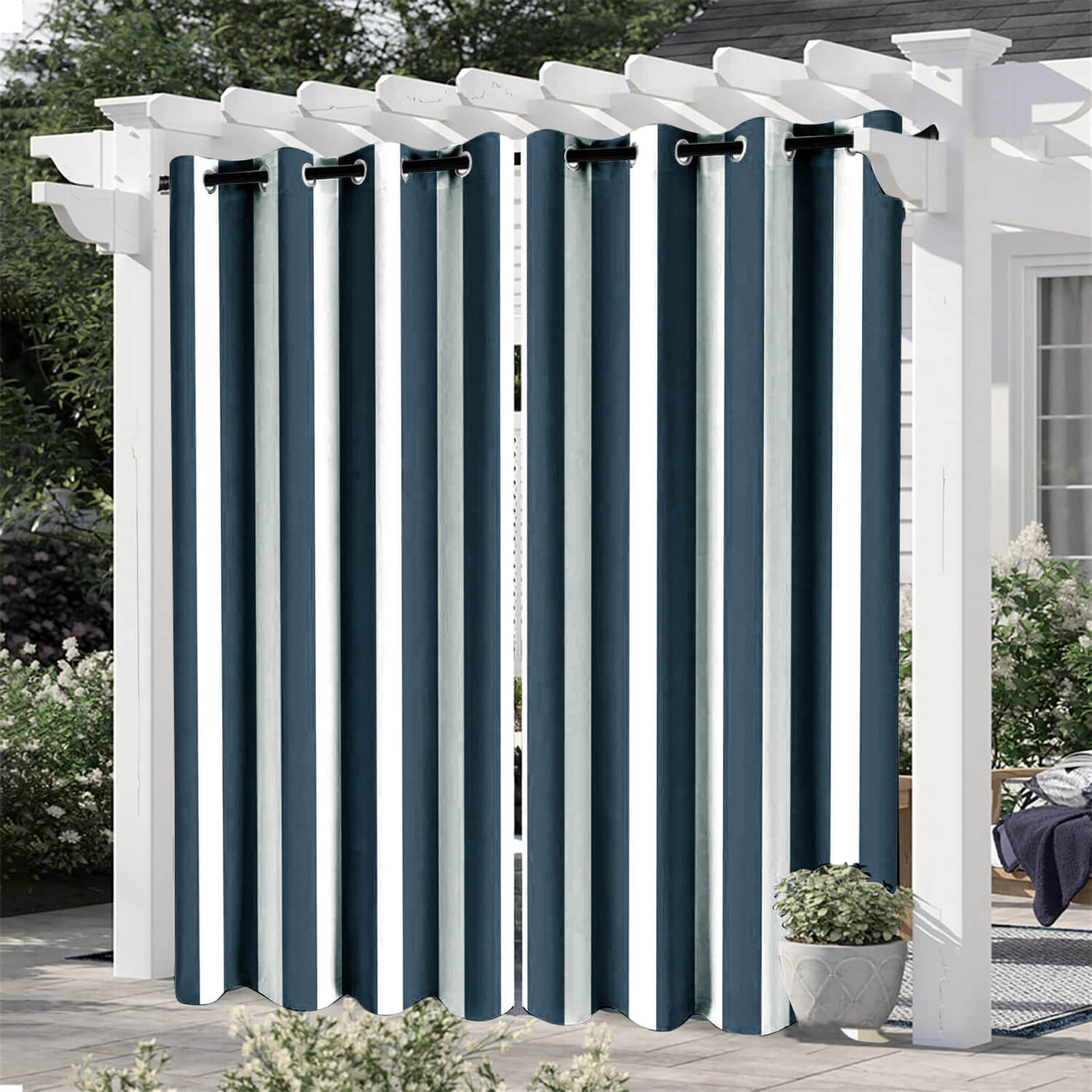 Striped Outdoor Curtains  Waterproof 1 Panel SteelBlue