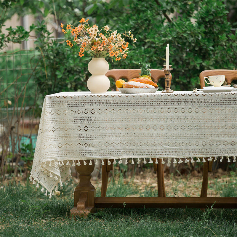 Beige Embroidered Woven Hole Tablecloth with Tassels