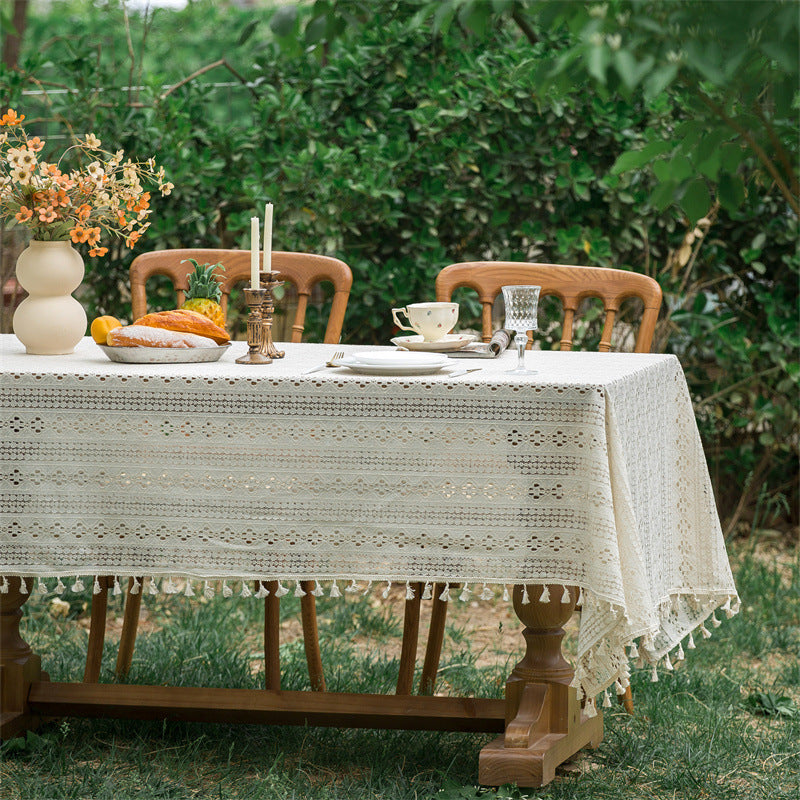 Beige Embroidered Woven Hole Tablecloth with Tassels