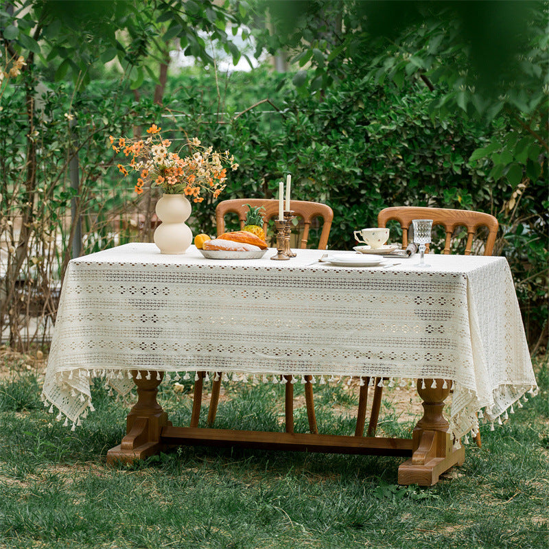 Beige Embroidered Woven Hole Tablecloth with Tassels