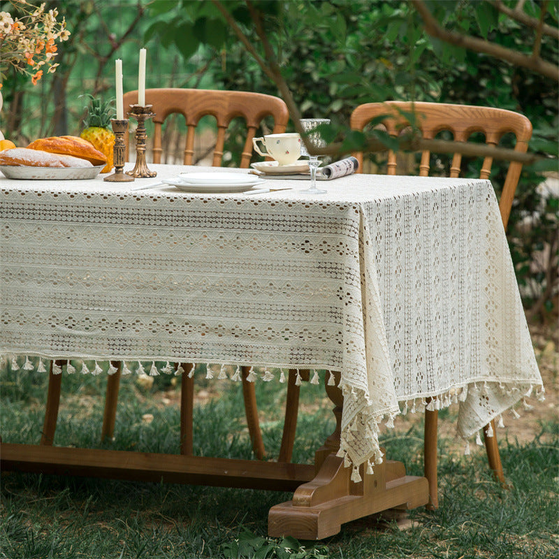 Beige Embroidered Woven Hole Tablecloth with Tassels