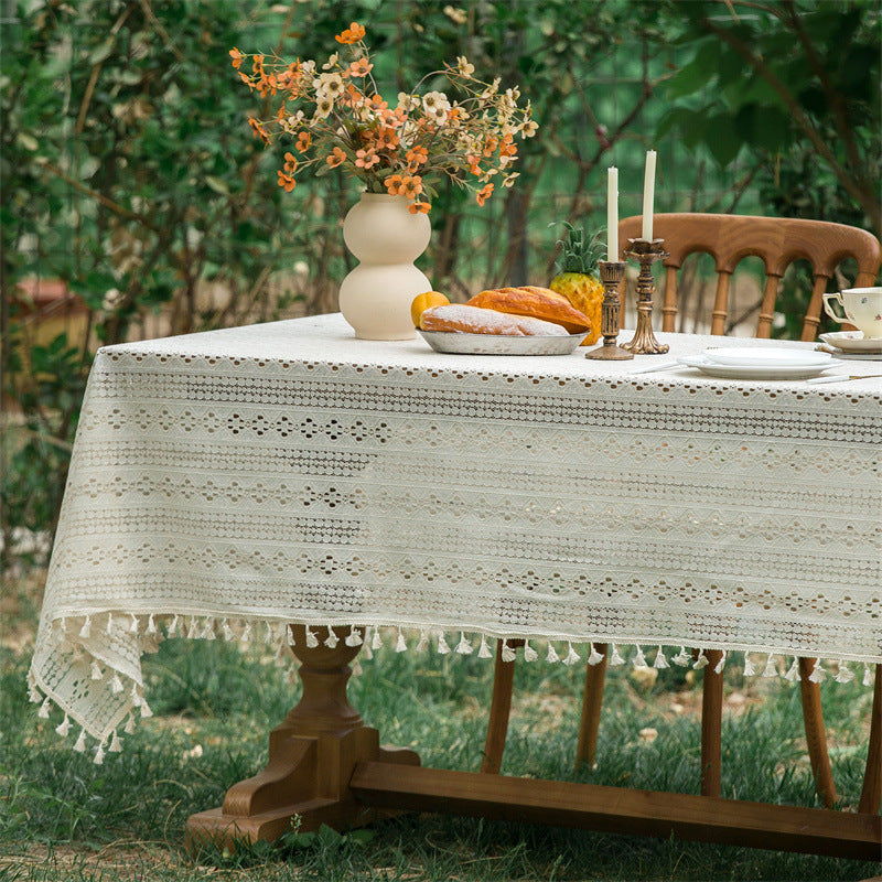 Beige Embroidered Woven Hole Tablecloth with Tassels