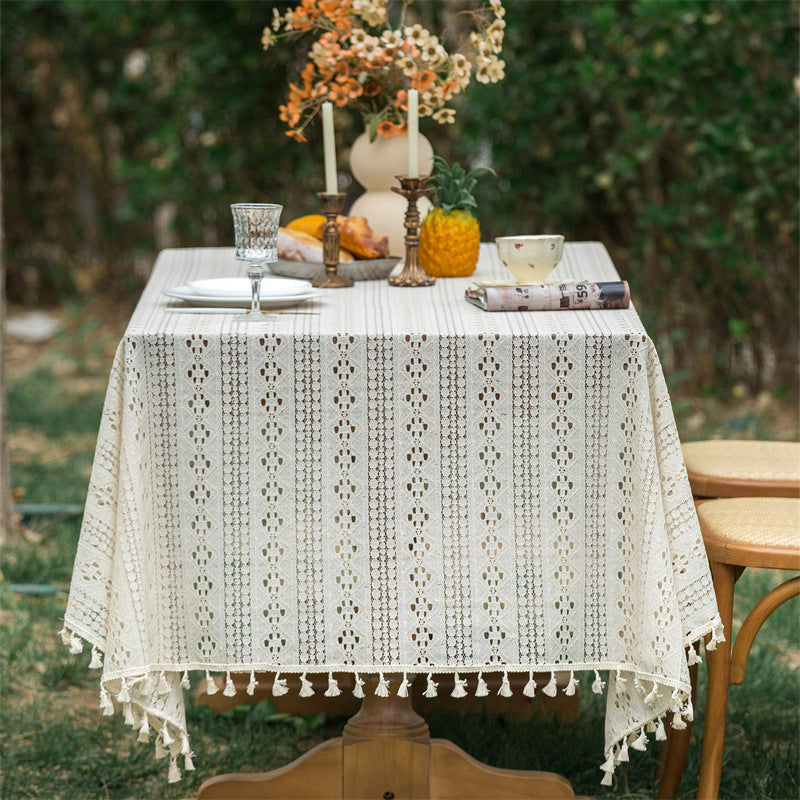 Beige Embroidered Woven Hole Tablecloth with Tassels