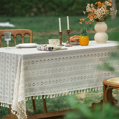 Beige Embroidered Woven Hole Tablecloth with Tassels