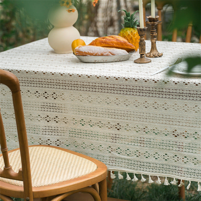 Beige Embroidered Woven Hole Tablecloth with Tassels