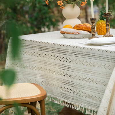 Beige Embroidered Woven Hole Tablecloth with Tassels