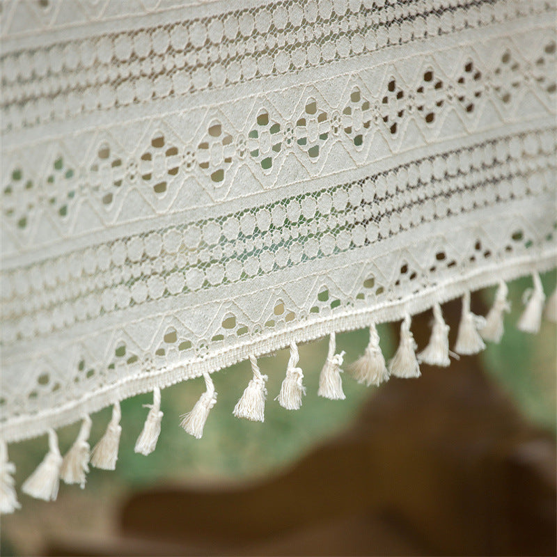 Beige Embroidered Woven Hole Tablecloth with Tassels