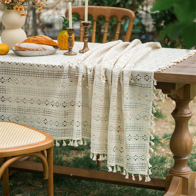 Beige Embroidered Woven Hole Tablecloth with Tassels