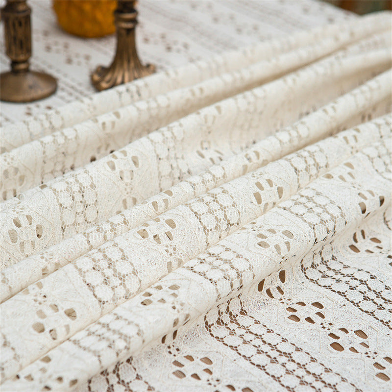 Beige Embroidered Woven Hole Tablecloth with Tassels