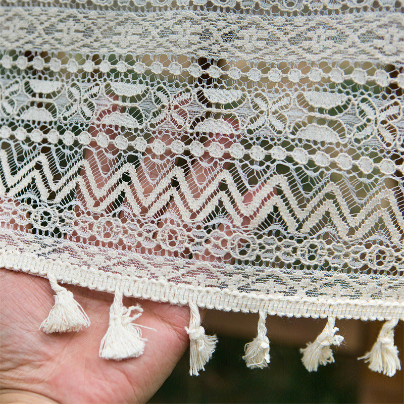 Beige Embroidered Woven Hole Tablecloth with Tassels