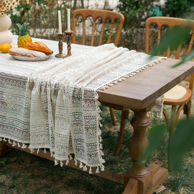 Beige Embroidered Woven Hole Tablecloth with Tassels