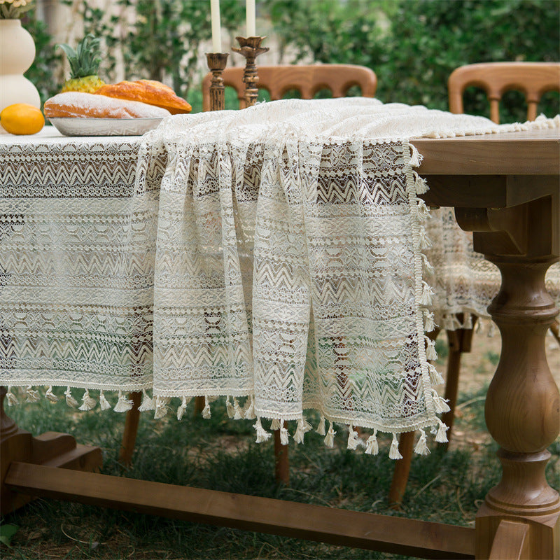 Beige Embroidered Woven Hole Tablecloth with Tassels