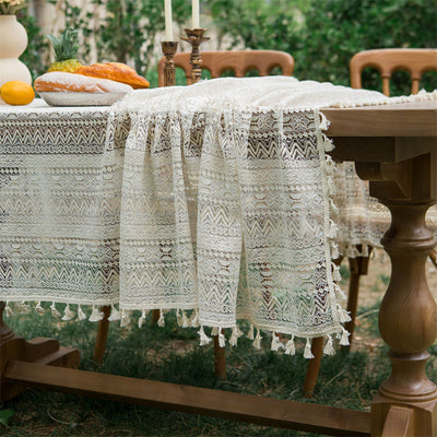 Beige Embroidered Woven Hole Tablecloth with Tassels