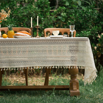 Beige Embroidered Woven Hole Tablecloth with Tassels