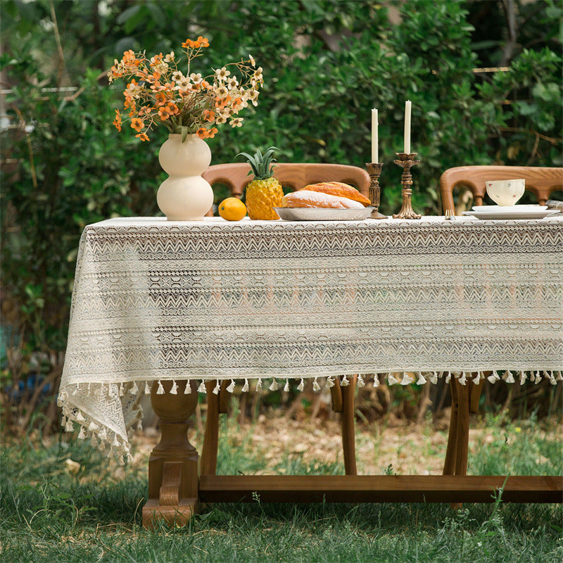 Beige Embroidered Woven Hole Tablecloth with Tassels