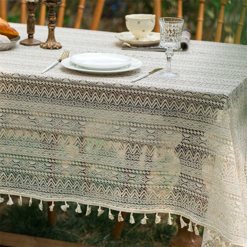 Beige Embroidered Woven Hole Tablecloth with Tassels