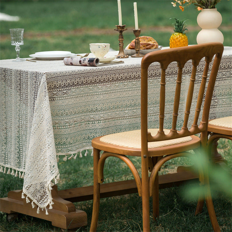 Beige Embroidered Woven Hole Tablecloth with Tassels