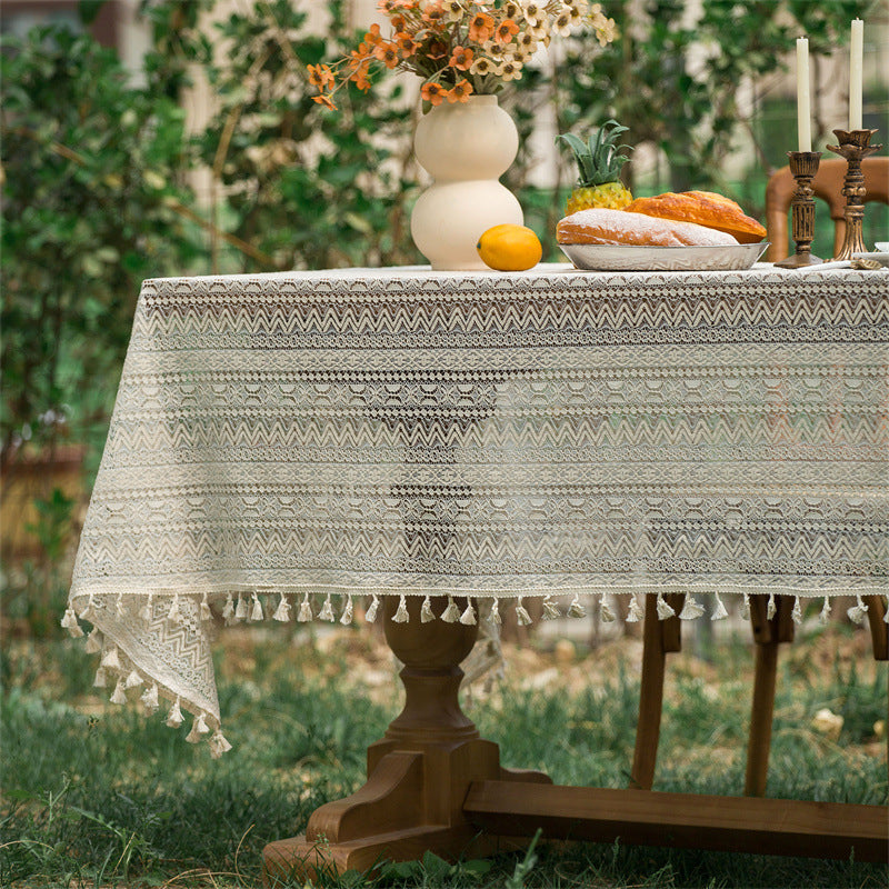 Beige Embroidered Woven Hole Tablecloth with Tassels