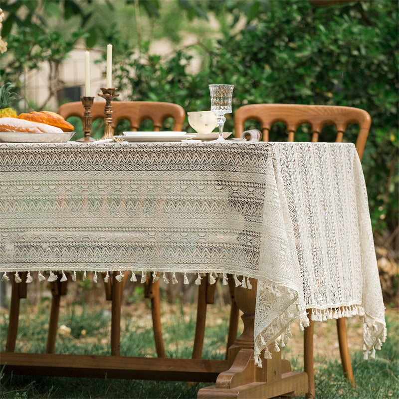 Beige Embroidered Woven Hole Tablecloth with Tassels