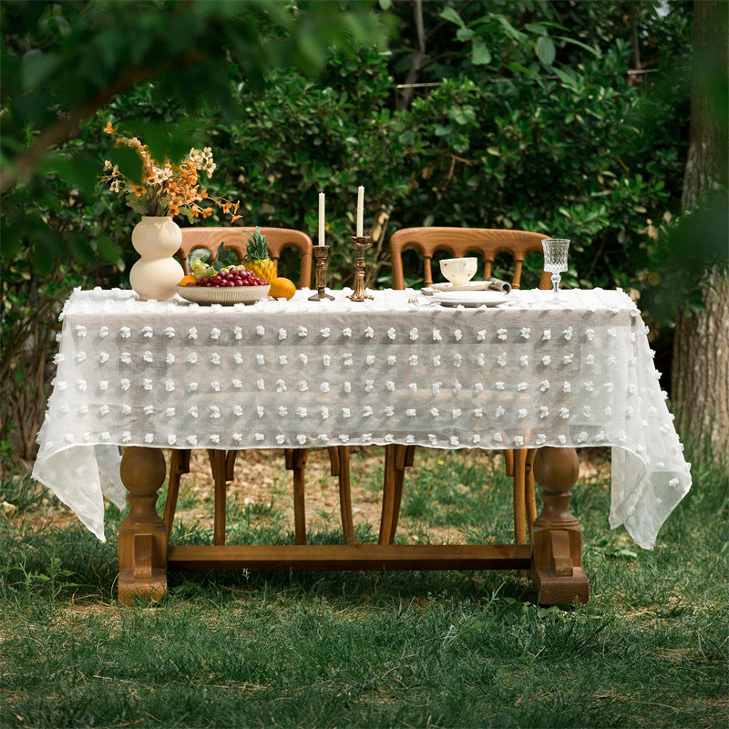 Beige Embroidered Woven Hole Tablecloth with Tassels