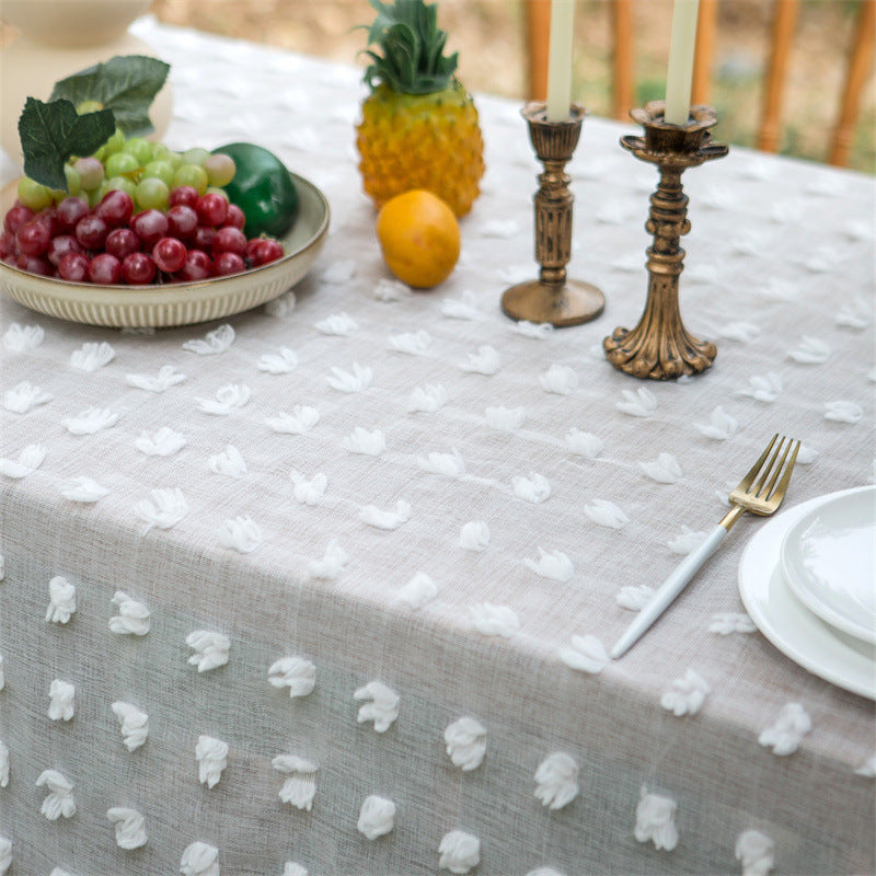 Beige Embroidered Woven Hole Tablecloth with Tassels