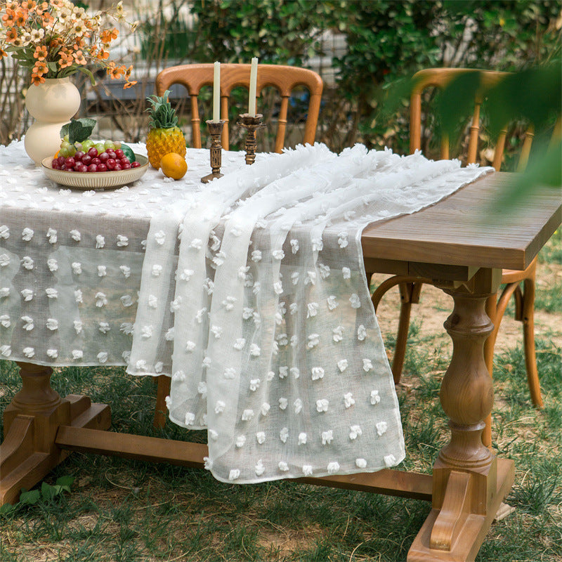 Beige Embroidered Woven Hole Tablecloth with Tassels