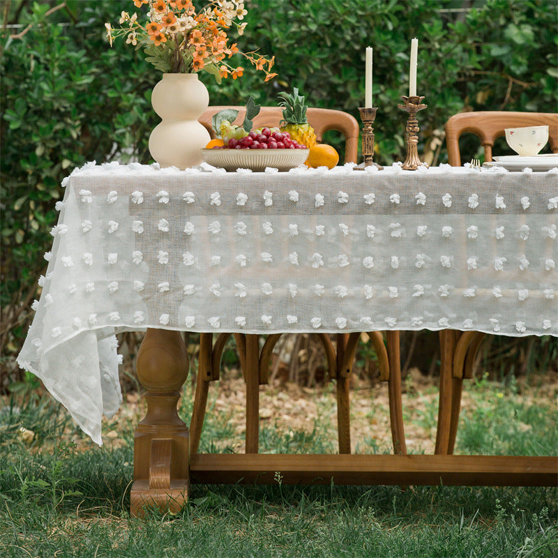 Beige Embroidered Woven Hole Tablecloth with Tassels