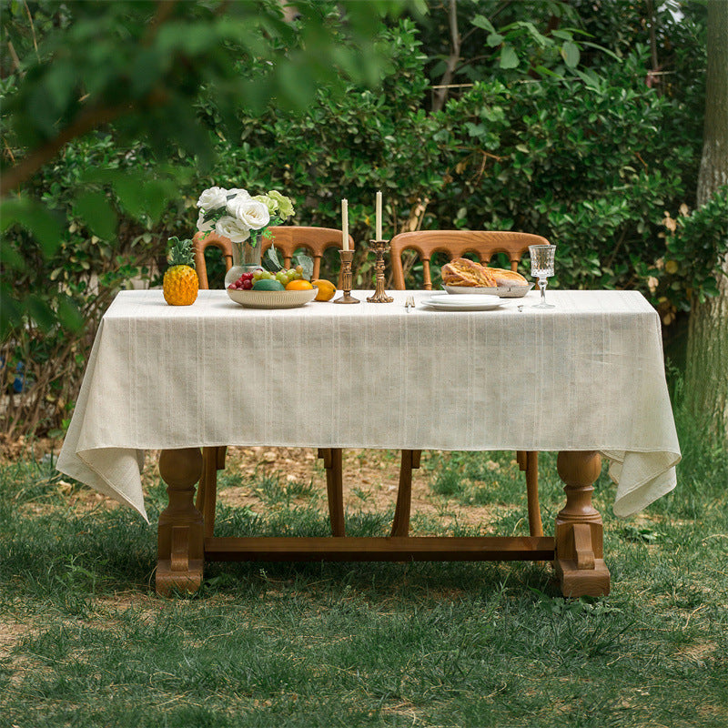 Beige Embroidered Woven Hole Tablecloth with Tassels