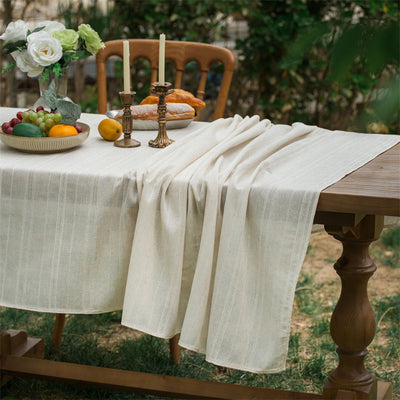 Beige Embroidered Woven Hole Tablecloth with Tassels