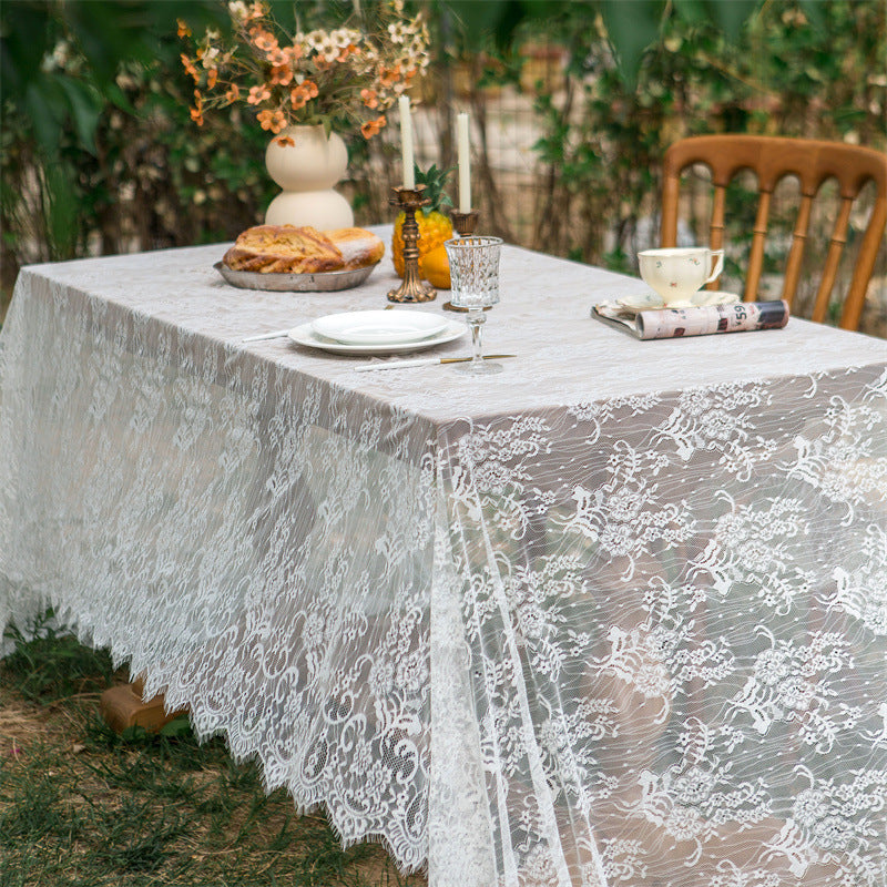 Beige Embroidered Woven Hole Tablecloth with Tassels