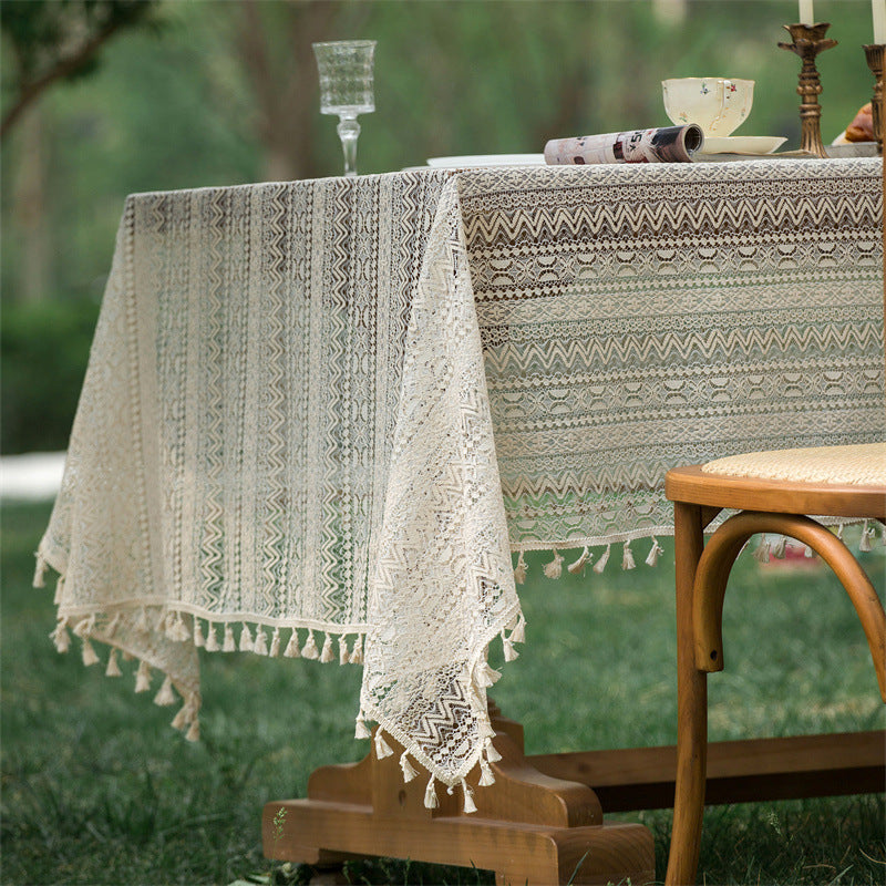 Beige Embroidered Woven Hole Tablecloth with Tassels