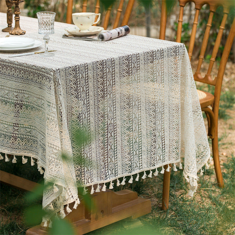 Beige Embroidered Woven Hole Tablecloth with Tassels