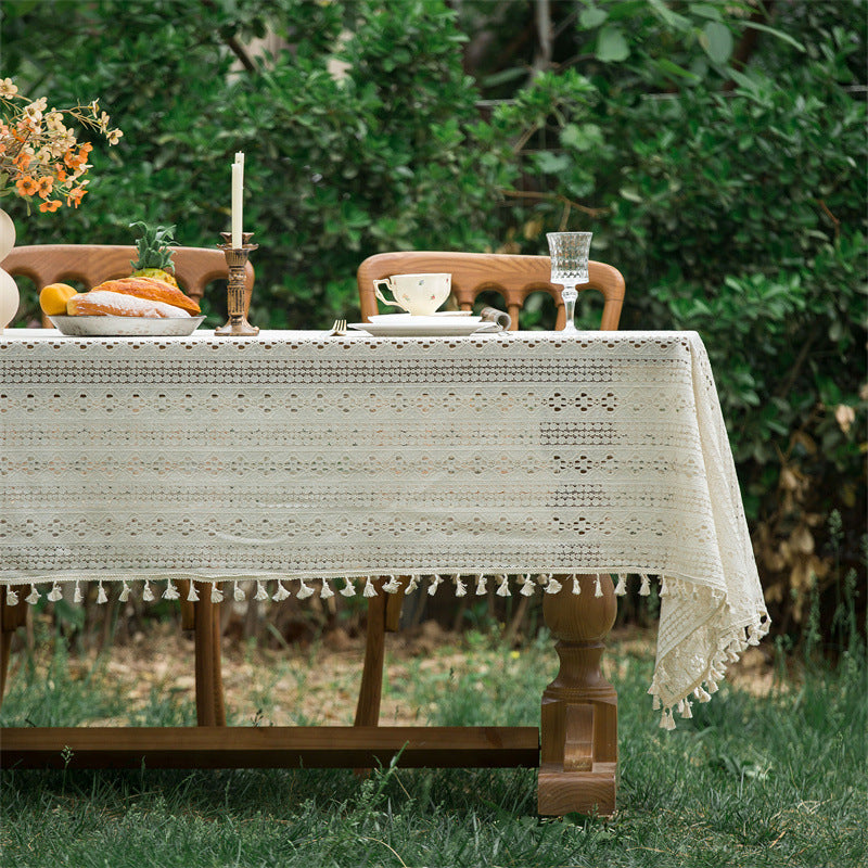 Beige Embroidered Woven Hole Tablecloth with Tassels