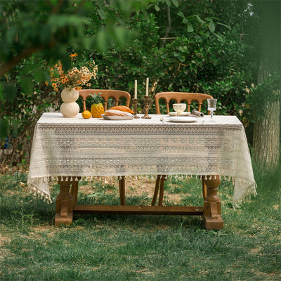 Beige Embroidered Woven Hole Tablecloth with Tassels