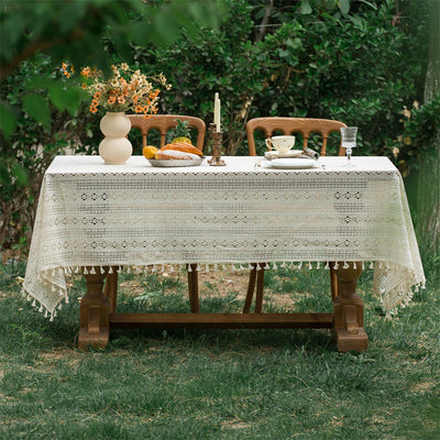 Beige Embroidered Woven Hole Tablecloth with Tassels