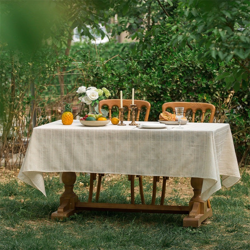 Beige Embroidered Woven Hole Tablecloth with Tassels