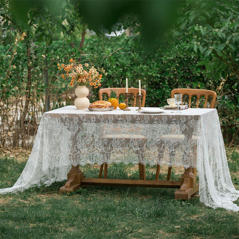 Beige Embroidered Woven Hole Tablecloth with Tassels